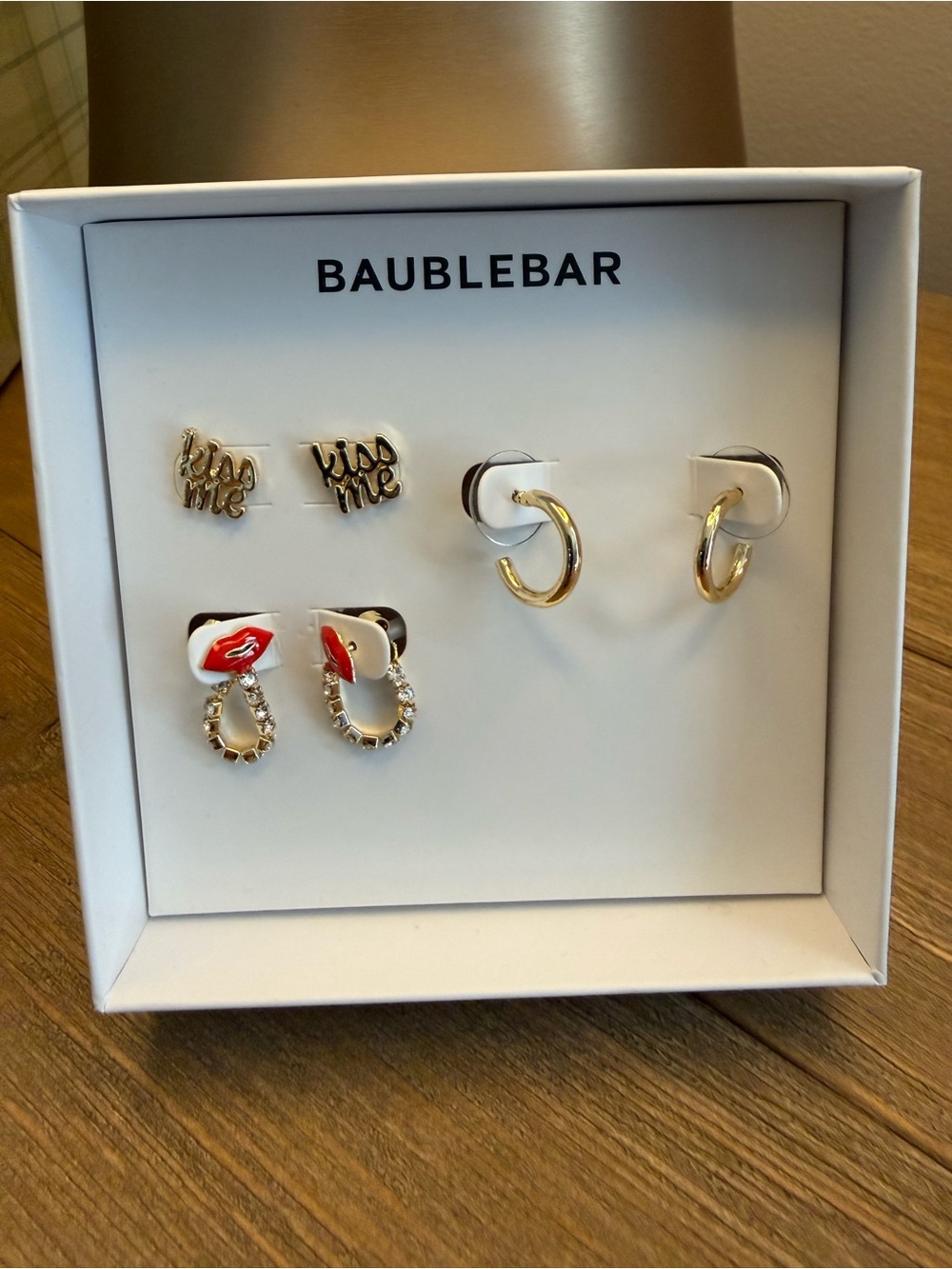 BaubleBar Gold-tone Earring Set KISS Me Lips Mini Hoops